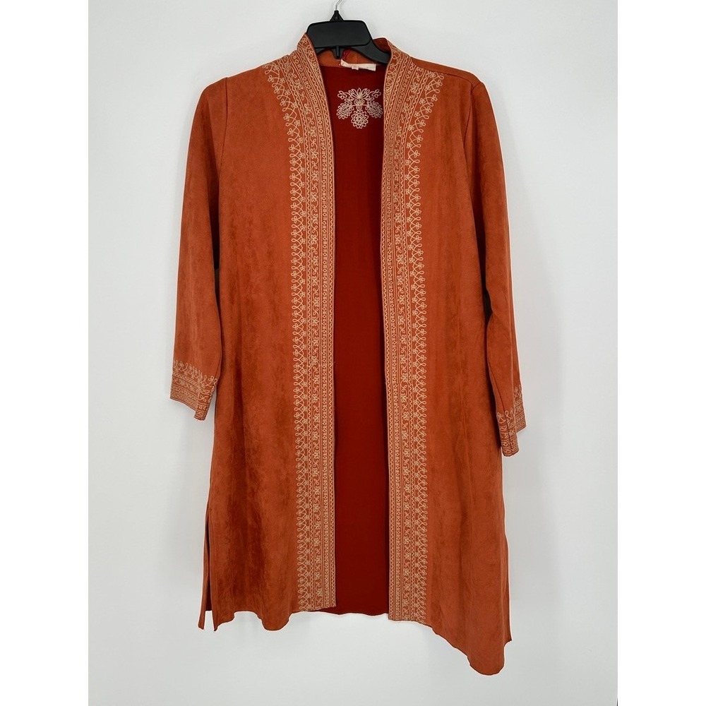 Solitaire XL Rust Orange Embroidered Long Duster Jacket Boho Southwestern Artsy